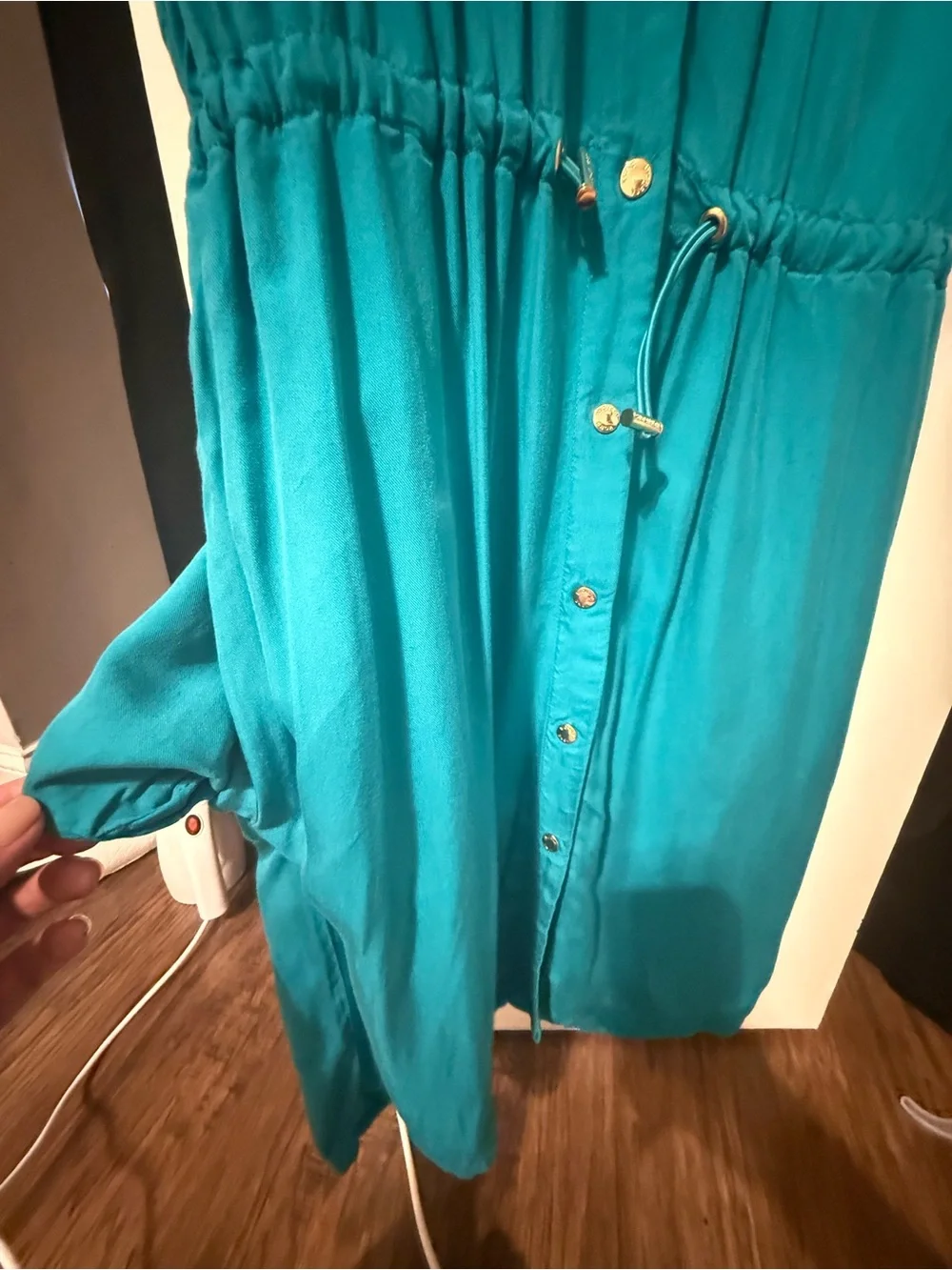 Michael Michael Kors Teal Utility Cinch-Waist Shirt Dress Gold Hardware - Size S